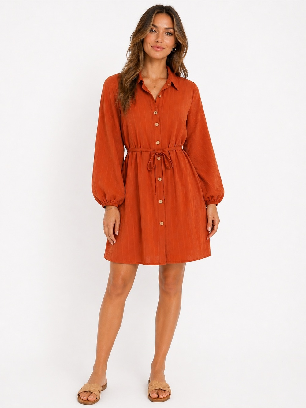 Mittoshop Mango Burnt Orange Button-Down Tie-Waist Dress - Picture 3 of 6